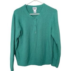Leon Levin L Teal Green Sweater Henley Button Crew Neck Knit‎ Preppy Coastal